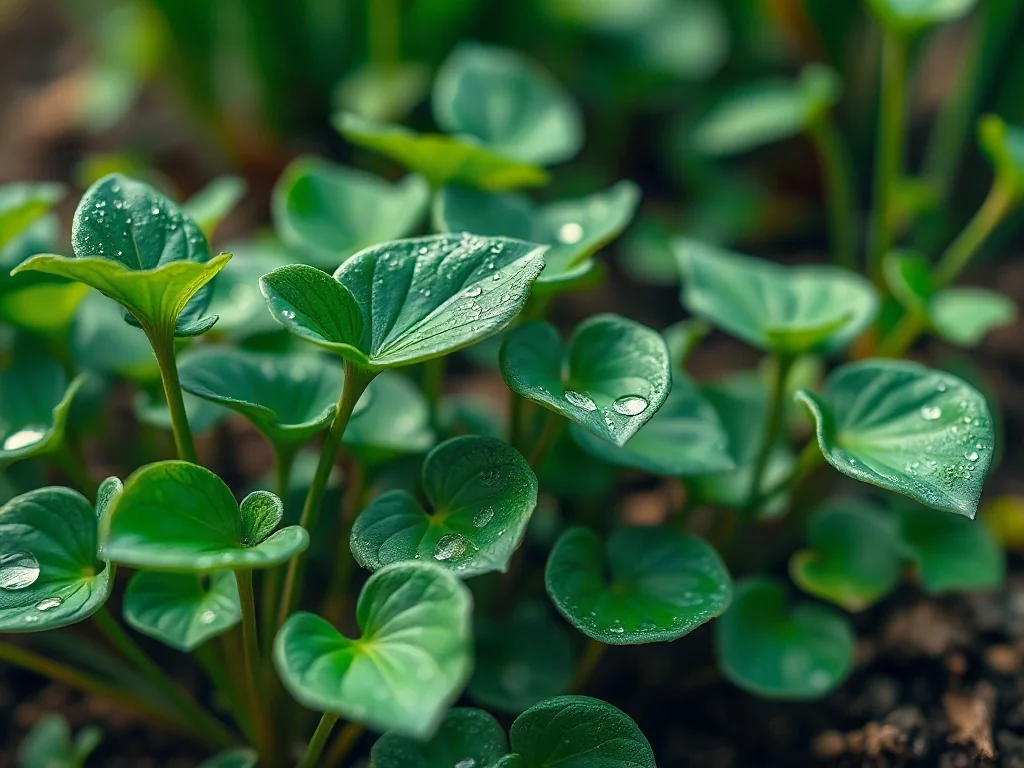 Zbliżenie na soczyście zielone, nerkowate liście wąkrotki azjatyckiej z kroplami rosy w naturalnym świetle.