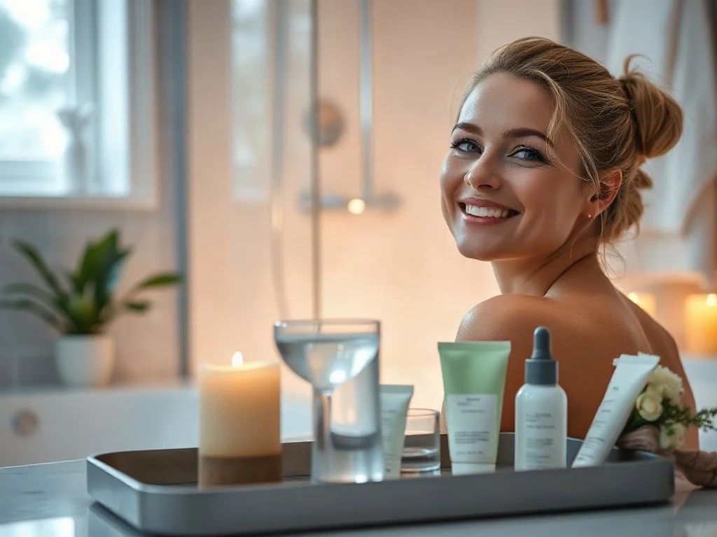 Kobieta relaksująca się w nowoczesnej łazience podczas domowego spa, z produktami do pielęgnacji i świecami w tle.