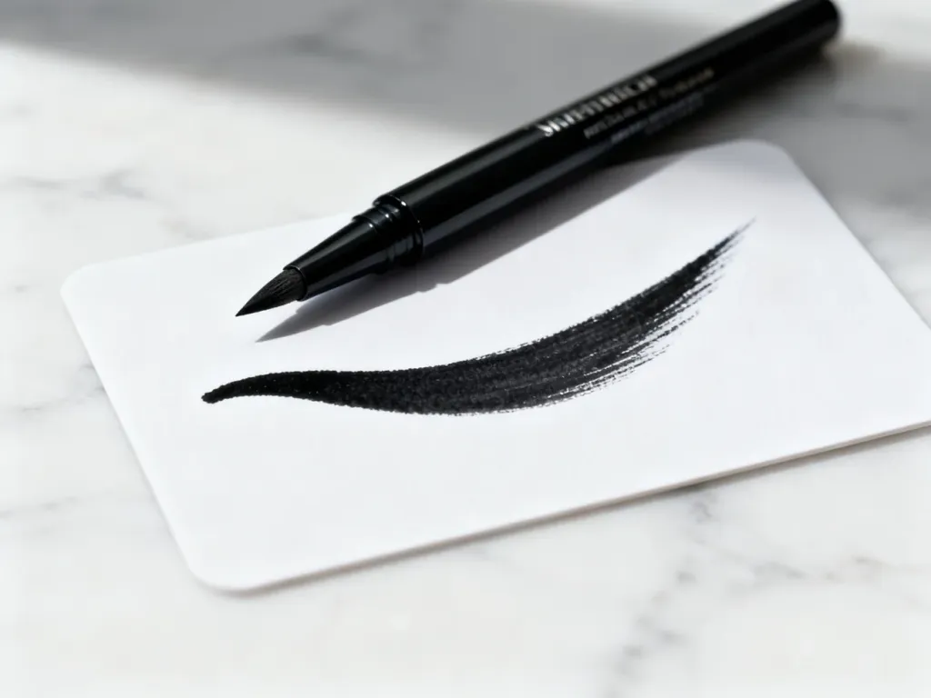 Elegancki eyeliner Apollca na marmurowym blacie obok precyzyjnej czarnej kreski wykonanej na karcie testowej.