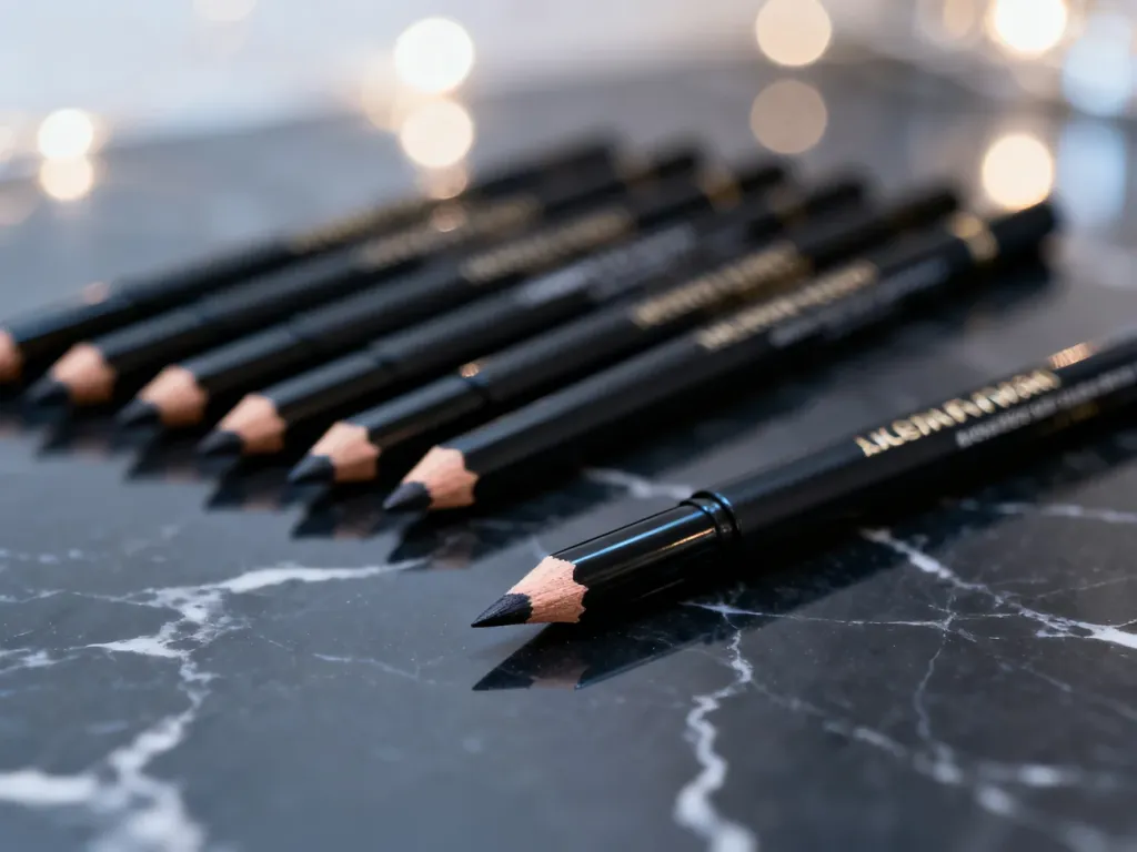 Eleganckie czarne kredki do oczu ułożone na marmurowym blacie, prezentujące wysoką jakość i precyzję produktów.