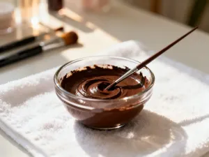 Zestaw kosmetyków do utrwalania makijażu: spray utrwalający, puder sypki i pędzel na marmurowym blacie.