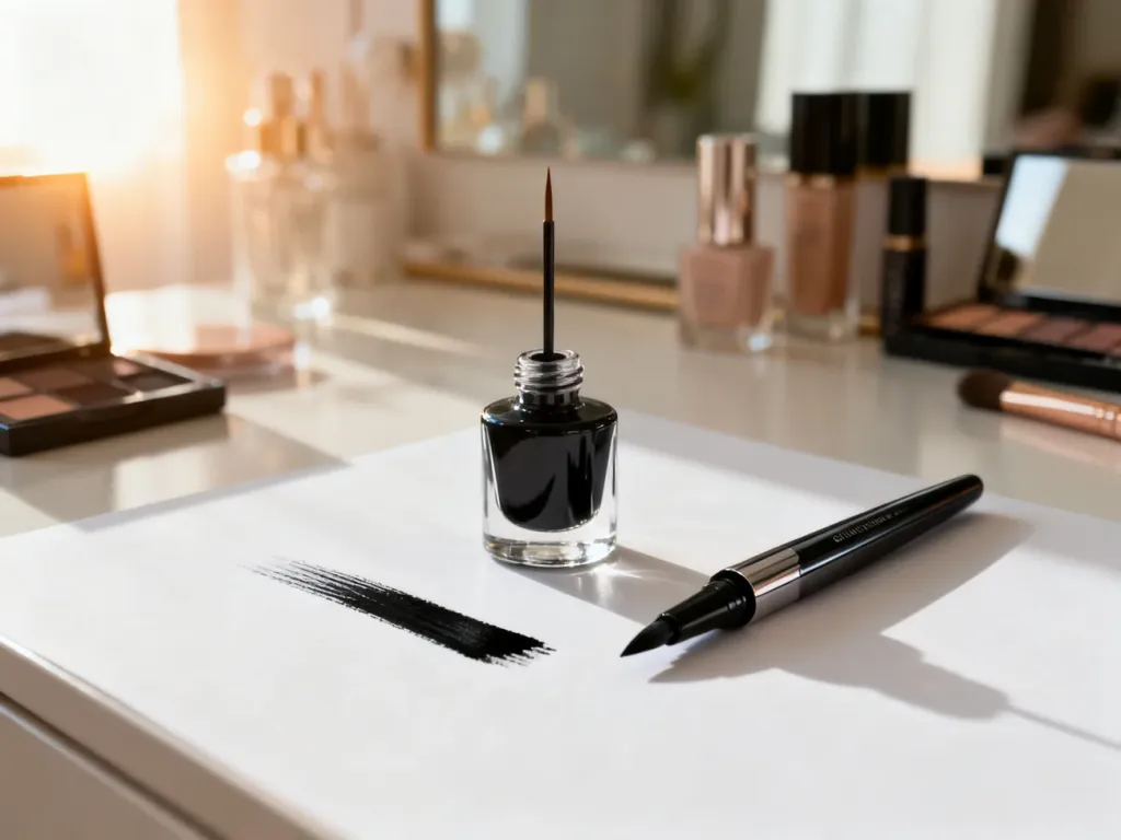 Eyeliner w płynie z pędzelkiem oraz eyeliner w pisaku leżące obok siebie na toaletce, gotowe do wykonania makijażu oczu.