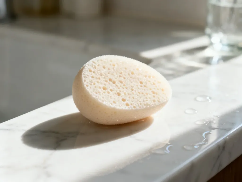 Wilgotna gąbka do makijażu typu beauty blender leżąca na marmurowym blacie w świetle poranka.