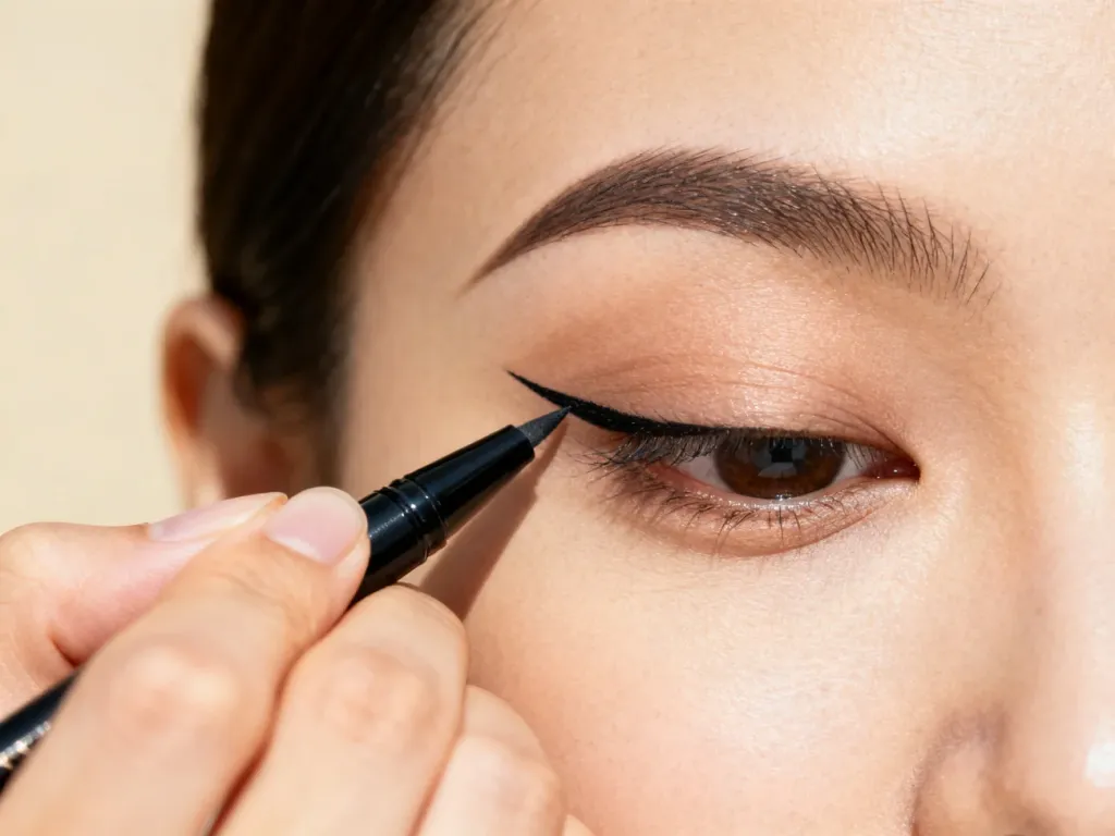 Wizażystka precyzyjnie rysuje kreskę eyelinerem na powiece typu hooded eye, prezentując technikę makijażu.
