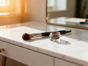 Elegancko ułożone matowe pomadki na marmurowym blacie w otoczeniu oświetlenia typu ring light.