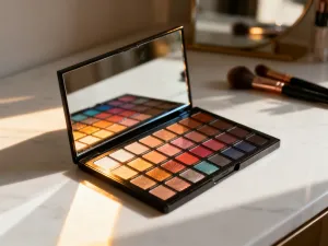 Paleta cieni w odcieniach beżu i szampana oraz pędzle do makijażu na marmurowym blacie w jasnym, słonecznym wnętrzu.