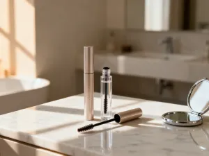 Wysuwany pędzel do pudru z miękkim, syntetycznym włosiem i elegancką obudową w kolorze różowego złota.