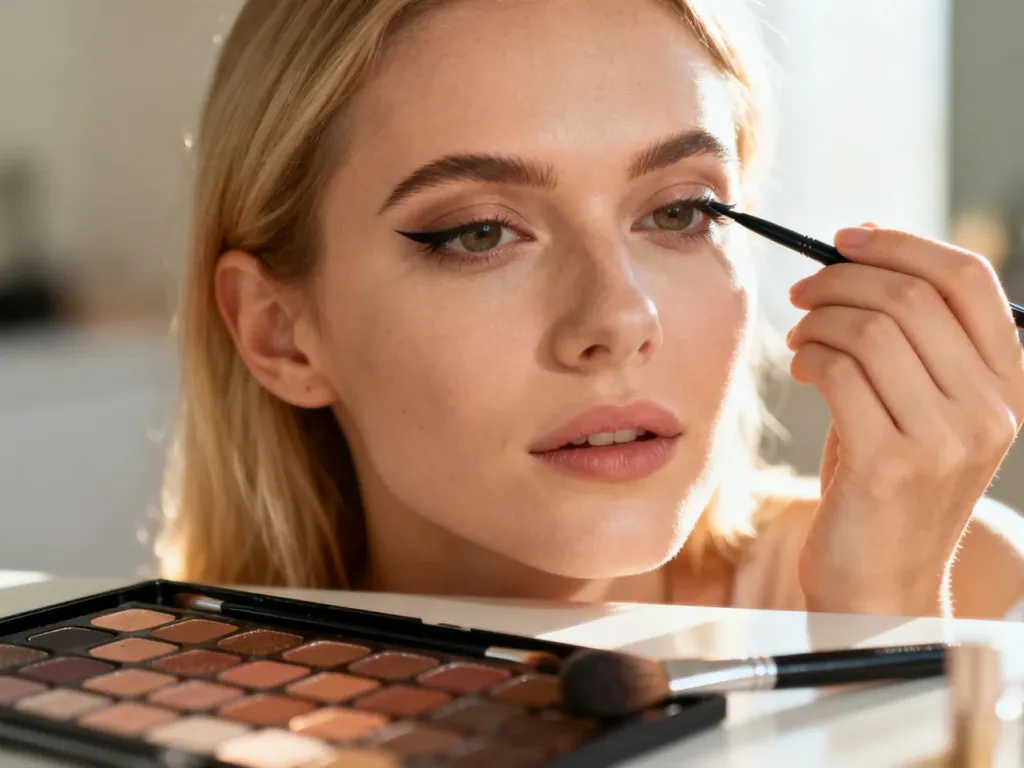 Makijażystka nakłada ciemny eyeliner w wewnętrznych kącikach oczu, aby optycznie je zbliżyć.