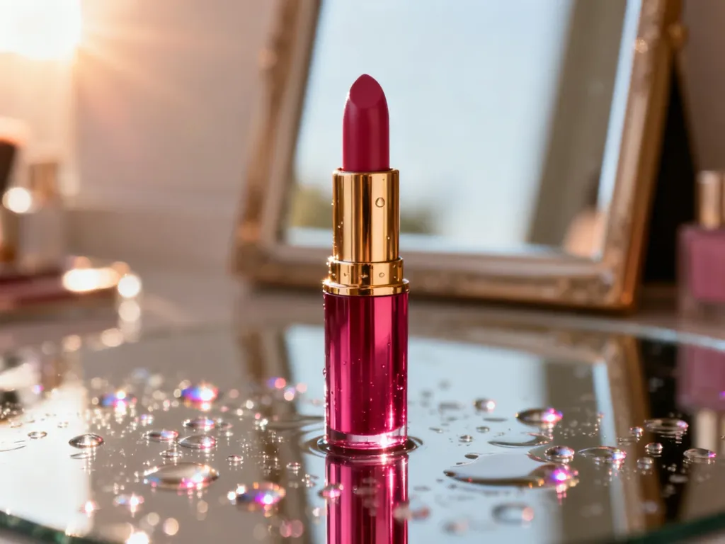 Elegancka pomadka wodoodporna na powierzchni z kroplami wody, podkreślająca trwałość i luksusowy charakter produktu.