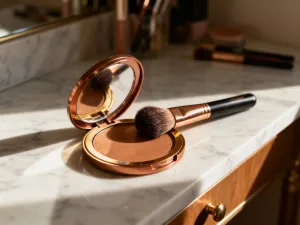 Eleganckie próbki pomadek w ciepłych, ziemistych odcieniach na marmurowym blacie, idealnie pasujące do ciepłej karnacji.