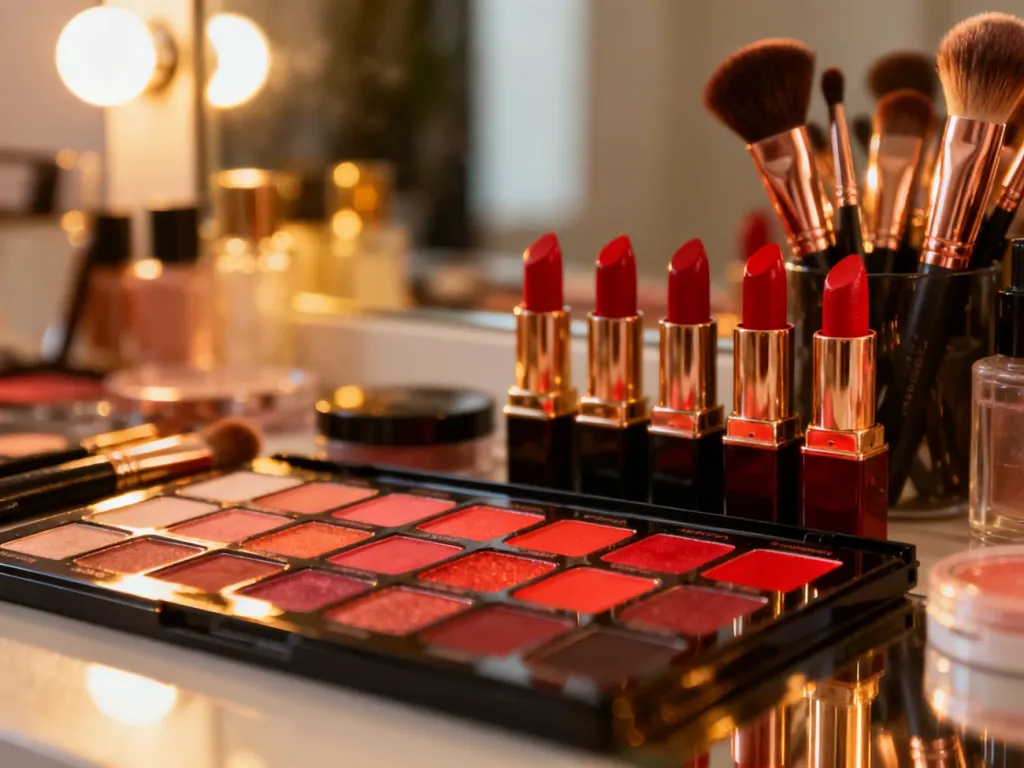 Paleta profesjonalnych pomadek w odcieniach czerwieni oraz pędzle do makijażu w eleganckim, studyjnym oświetleniu.