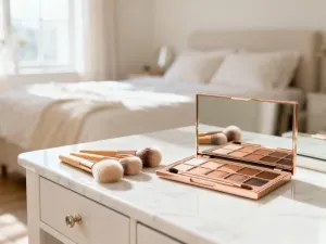 Elegancka butelka utrwalacza do makijażu Charlotte Tilbury na marmurowym blacie w luksusowym wnętrzu.