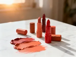 Profesjonalny pędzel typu flat-top z kremowym bronzerem na marmurowym blacie, idealny do konturowania na mokro.