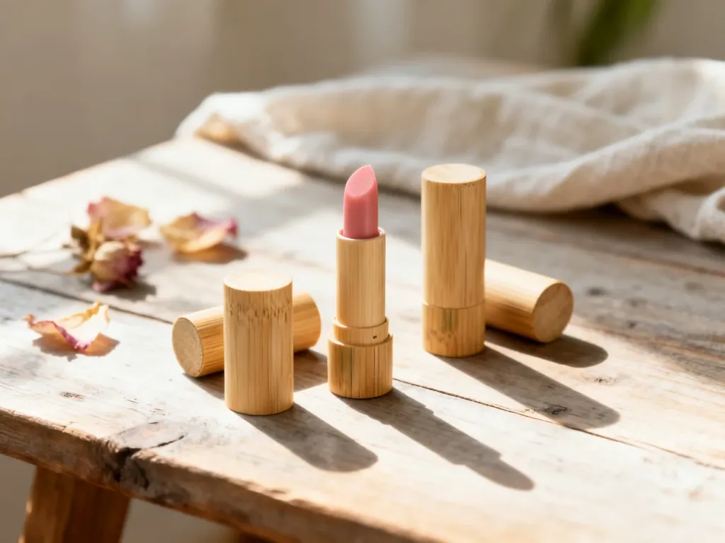 Kolekcja naturalnych pomadek w bambusowych opakowaniach na drewnianym stole, podkreślająca ekologiczny charakter produktu.