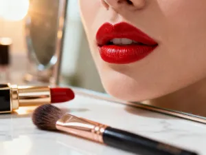 Puszysty, ścięty pędzel do bronzera oraz puder brązujący na marmurowym blacie w eleganckim salonie kosmetycznym.