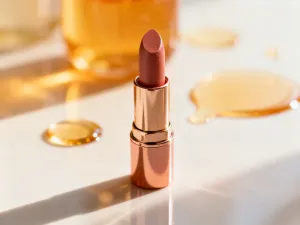 Elegancka szminka na marmurowym blacie w otoczeniu pędzli i próbek kolorów, podkreślająca estetykę makijażu.