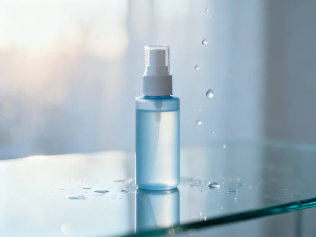 Butelka sprayu utrwalającego AA Dewy It na szklanej powierzchni w otoczeniu delikatnych kropelek wody i jasnego światła.