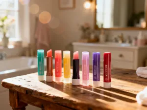 Profesjonalne akcesoria do makijażu brwi: kredka, szczoteczka i lusterko na marmurowym blacie w jasnej łazience.