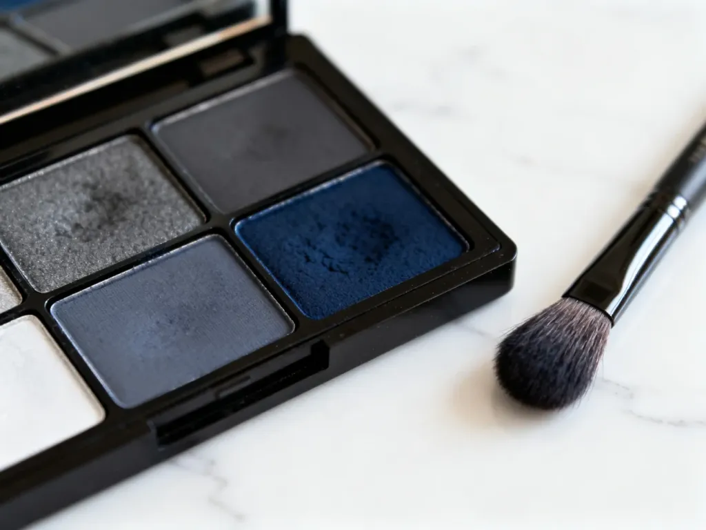 Paleta cieni do powiek w odcieniach szarości i granatu z pędzlami na marmurowym blacie, gotowa do wykonania makijażu smoky eyes.
