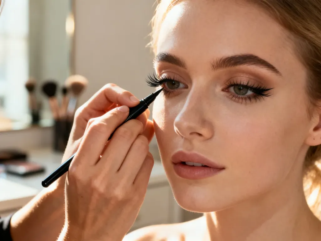 Wizażystka precyzyjnie nakłada czarny eyeliner na powiekę modelki, demonstrując technikę makijażu oka.
