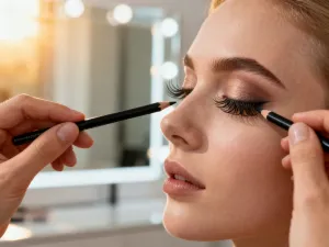 Perfekcyjnie pomalowane czerwone usta z widoczną precyzją wykonania makijażu na tle luksusowych akcesoriów kosmetycznych.
