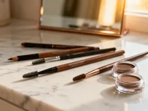 Profesjonalne palety cieni do powiek i pędzle do makijażu przygotowane do wykonania techniki cut crease.