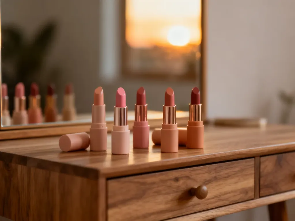 Eleganckie zestawienie naturalnych odcieni pomadek w odcieniach nude, różu i beżu na drewnianej toaletce.