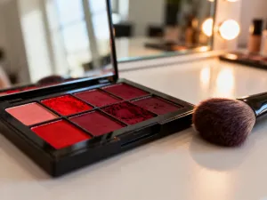 Paleta neutralnych cieni do powiek w odcieniach beżu i brązu wraz z pędzlami do makijażu na marmurowym blacie.