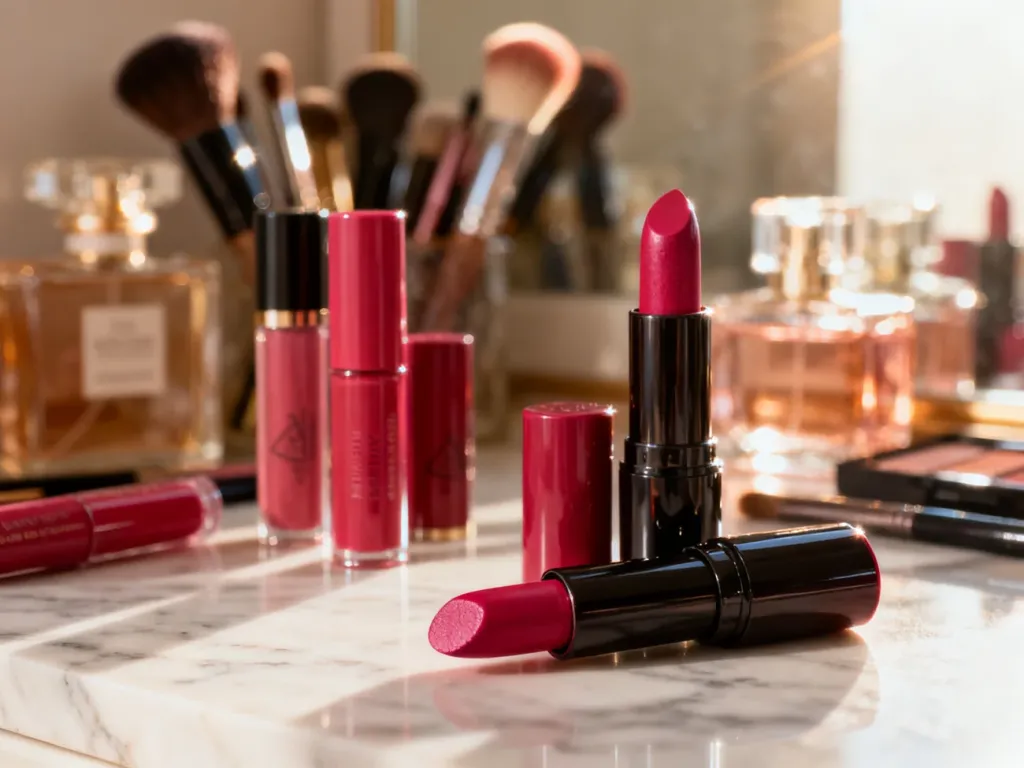 Różnorodne odcienie malinowych szminek na marmurowym blacie, prezentujące bogatą paletę barw dla różnych typów urody.