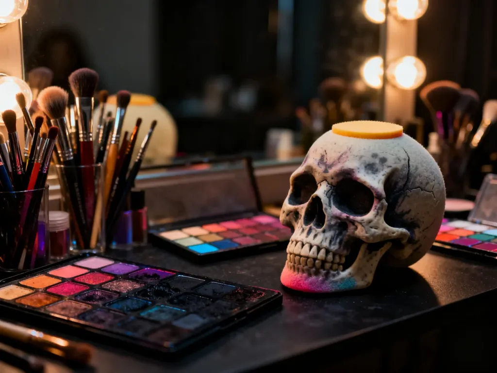 Profesjonalne akcesoria do makijażu, pędzle i palety barw przygotowane do stworzenia mrocznej stylizacji na Halloween.