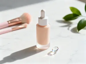 Luksusowa baza wygładzająca w eleganckim opakowaniu na marmurowym blacie z widoczną kroplą żelowej konsystencji produktu.