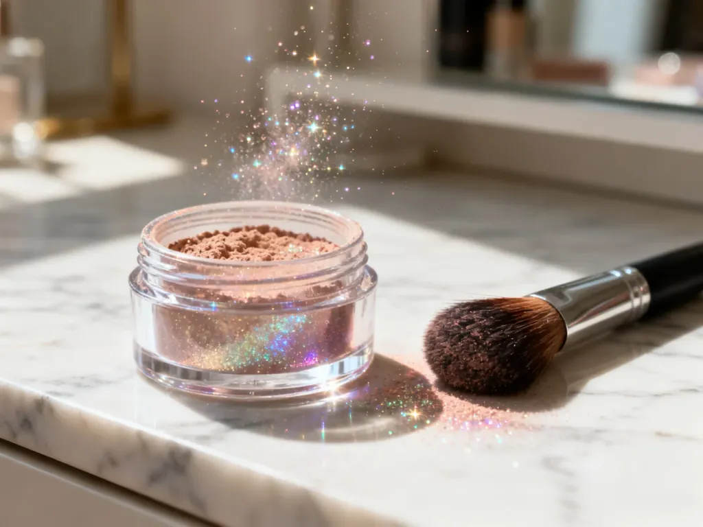 Sypki pigment do makijażu oczu w szklanym słoiczku obok pędzelka na marmurowym blacie w świetle poranka.