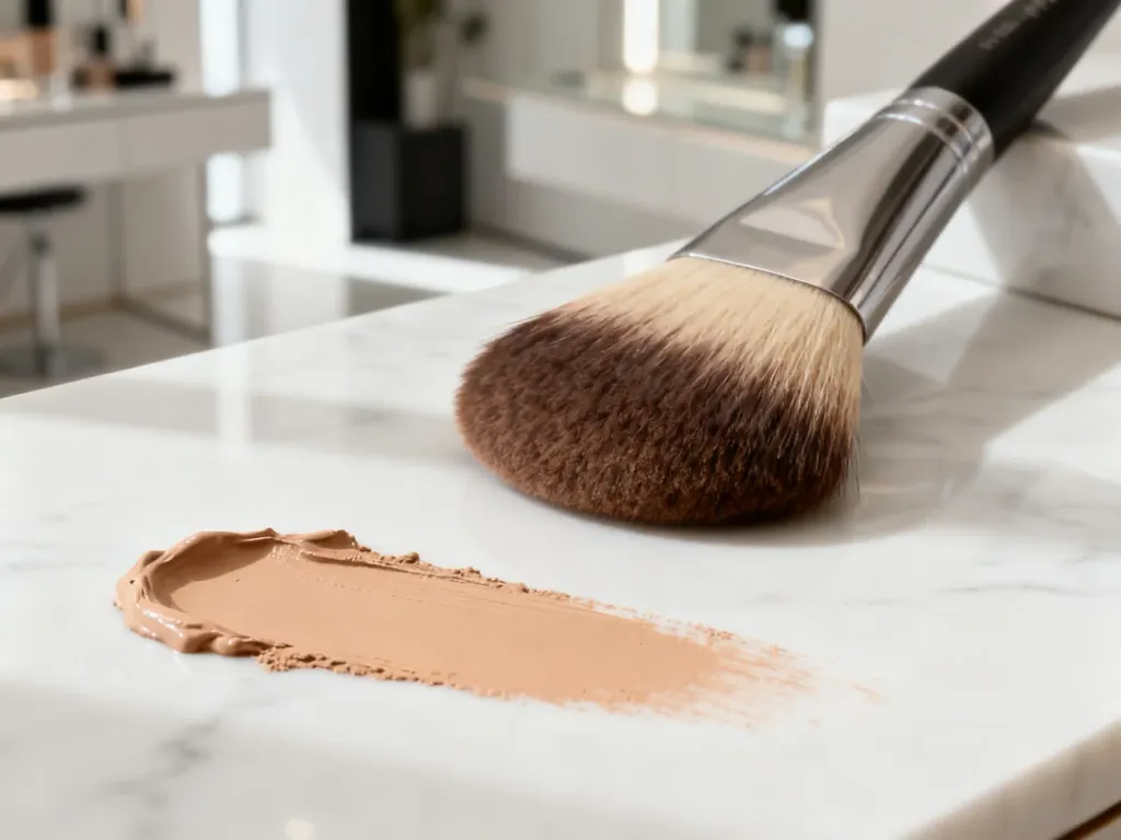 Profesjonalny pędzel typu flat-top z kremowym bronzerem na marmurowym blacie, idealny do konturowania na mokro.
