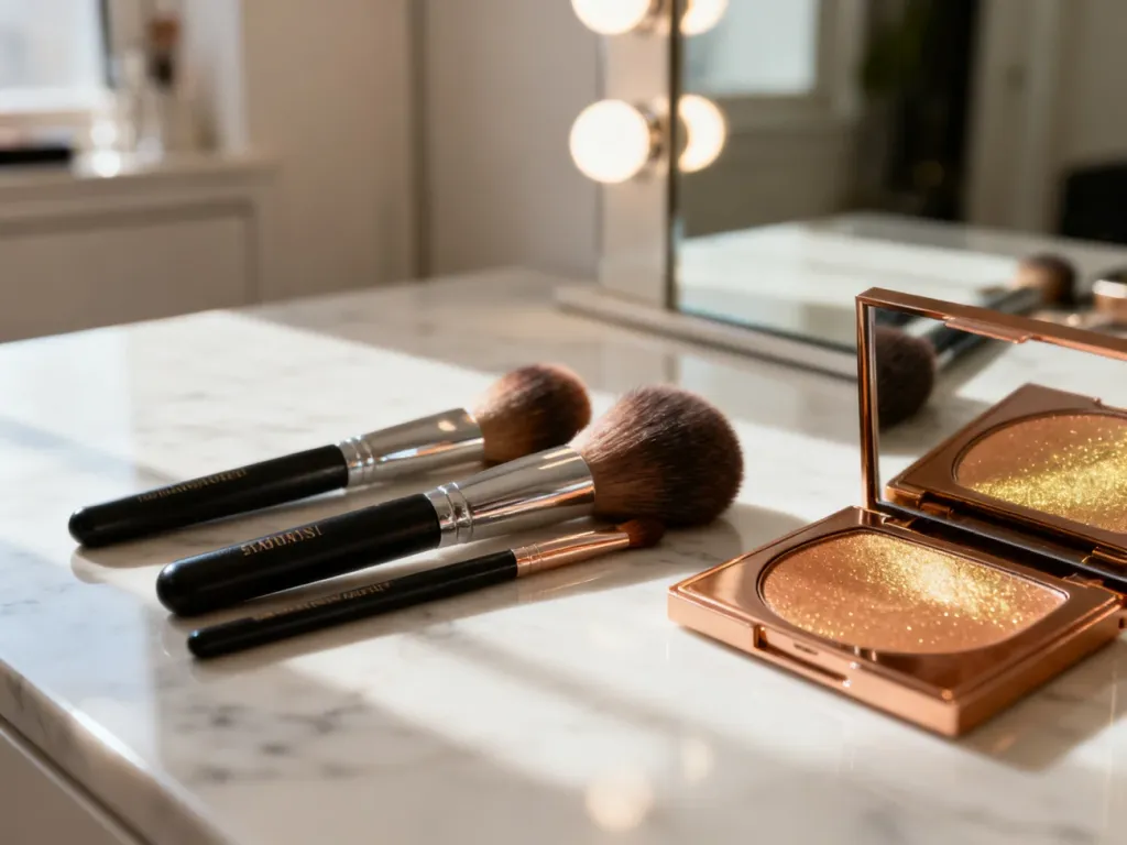 Profesjonalne pędzle do makijażu, bronzer oraz rozświetlacz na marmurowym blacie, gotowe do modelowania twarzy.