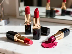 Paleta profesjonalnych pomadek w odcieniach czerwieni oraz pędzle do makijażu w eleganckim, studyjnym oświetleniu.