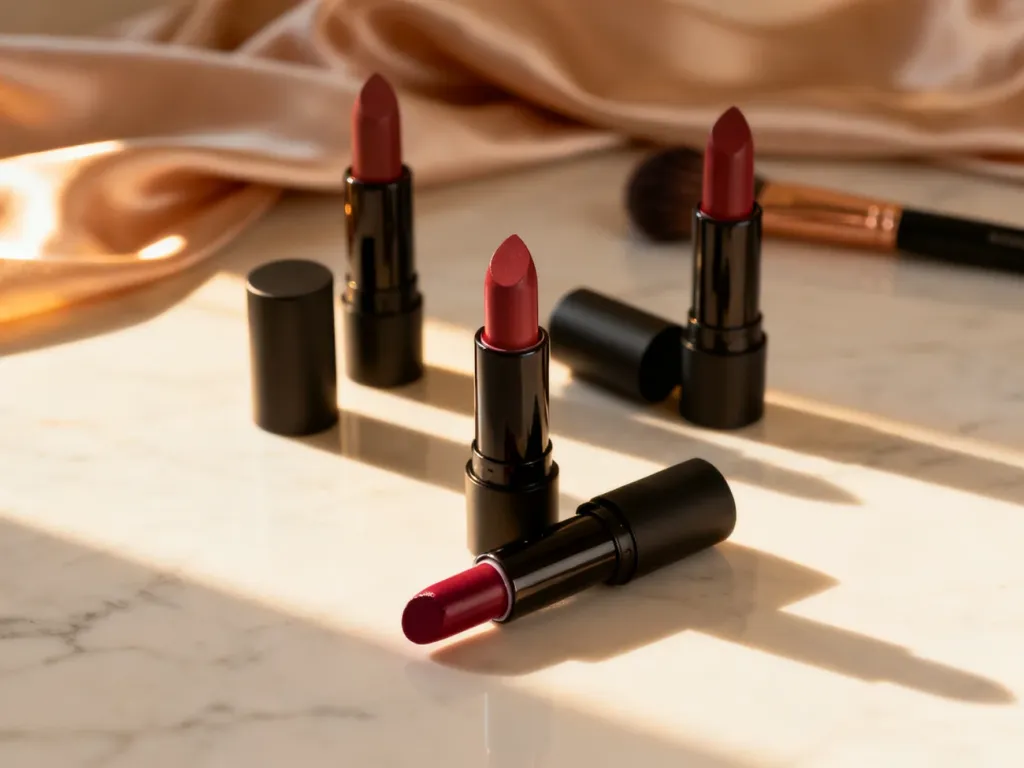 Eleganckie zestawienie matowych pomadek AA Wings of Color na marmurowym blacie z pędzlami do makijażu.