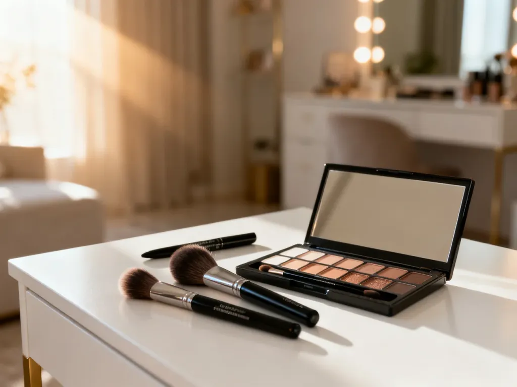 Profesjonalny zestaw do makijażu oczu: pędzle, paleta cieni i eyeliner na białej toaletce w słonecznym świetle.