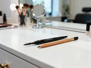 Paleta cieni do powiek w odcieniach złota i różu oraz zestaw profesjonalnych pędzli do makijażu weselnego.