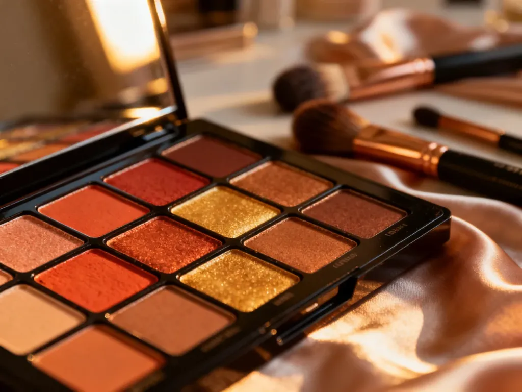 Otwarta paleta cieni do powiek w ciepłych odcieniach złota, brązu i terakoty na profesjonalnym stanowisku do makijażu.