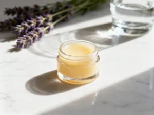 Paleta profesjonalnych niebieskich pomadek w eleganckich opakowaniach na marmurowym blacie.