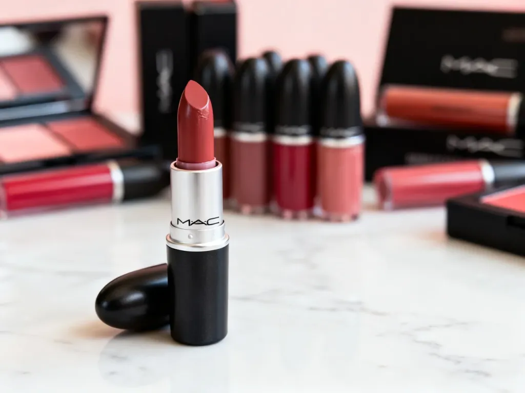 Otwarta pomadka MAC o kremowej konsystencji na marmurowym blacie, prezentująca satynowe wykończenie produktu.