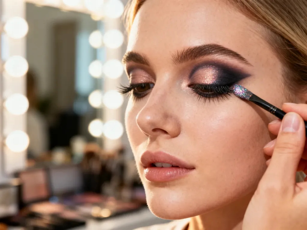 Wizażystka nakłada błyszczący pigment na środek powieki, tworząc efekt makijażu halo eye z płynnymi przejściami kolorów.