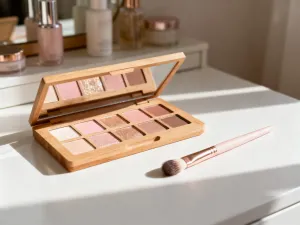 Paleta cieni w odcieniach burgundu i śliwki oraz pędzle do makijażu na marmurowym blacie w profesjonalnym studiu.