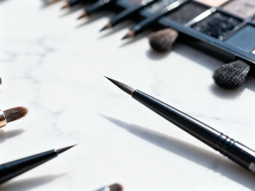 Profesjonalne pędzle do eyelinera z cienkimi końcówkami ułożone na marmurowym blacie, gotowe do precyzyjnego makijażu kreski.