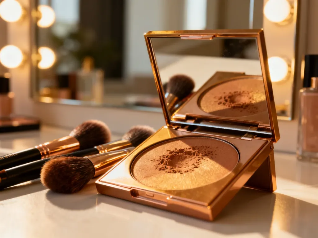 Otwarta paleta bronzerów i profesjonalne pędzle do makijażu na toaletce w nowoczesnym studiu.