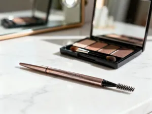 Eleganckie kredki do oczu ułożone na marmurowym blacie, prezentujące wysokiej jakości produkty do makijażu.