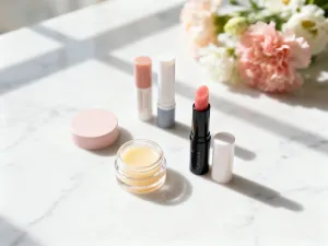Otwarta paleta bronzera, pędzel do makijażu i krople konturujące na marmurowym blacie w ciepłym świetle.