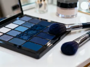 Paleta cieni do powiek w neutralnych odcieniach oraz pędzel do makijażu na jasnym tle, gotowe do wykonania delikatnego makijażu.
