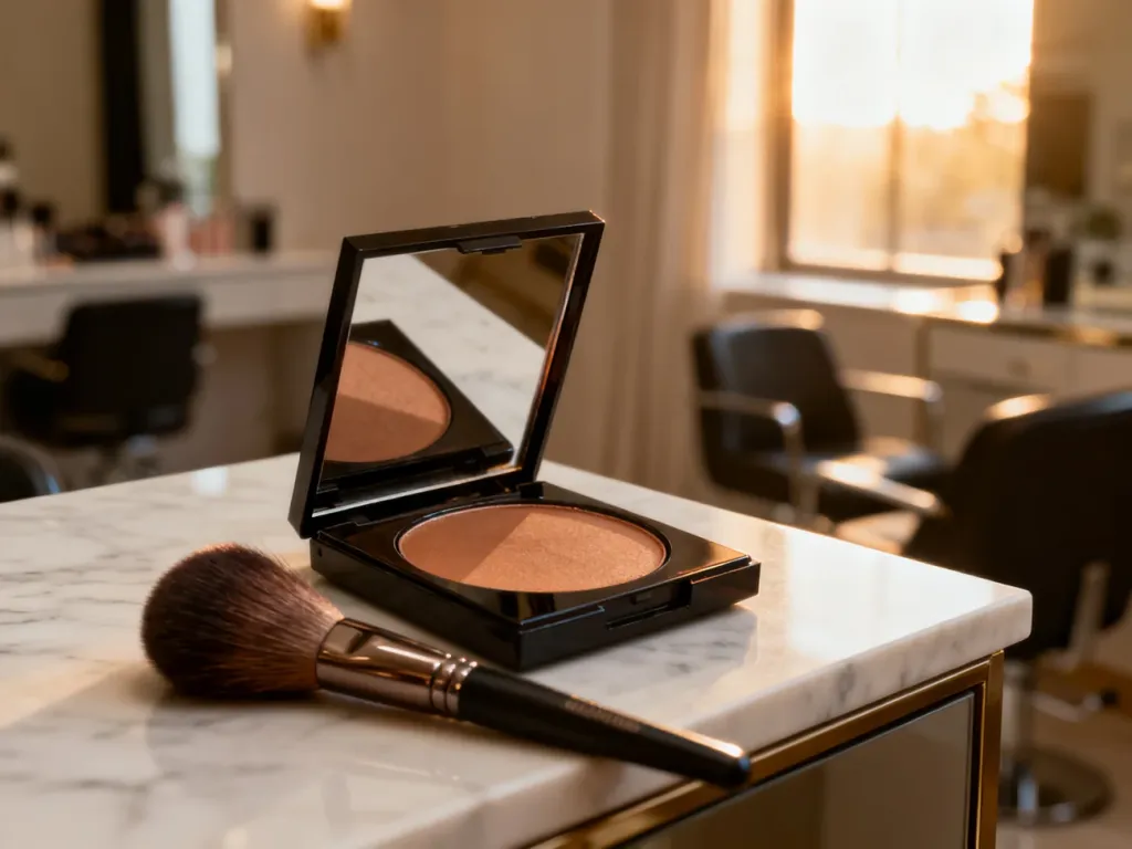 Otwarte opakowanie luksusowego bronzera Paese oraz pędzel do makijażu na marmurowym blacie w eleganckim salonie kosmetycznym.