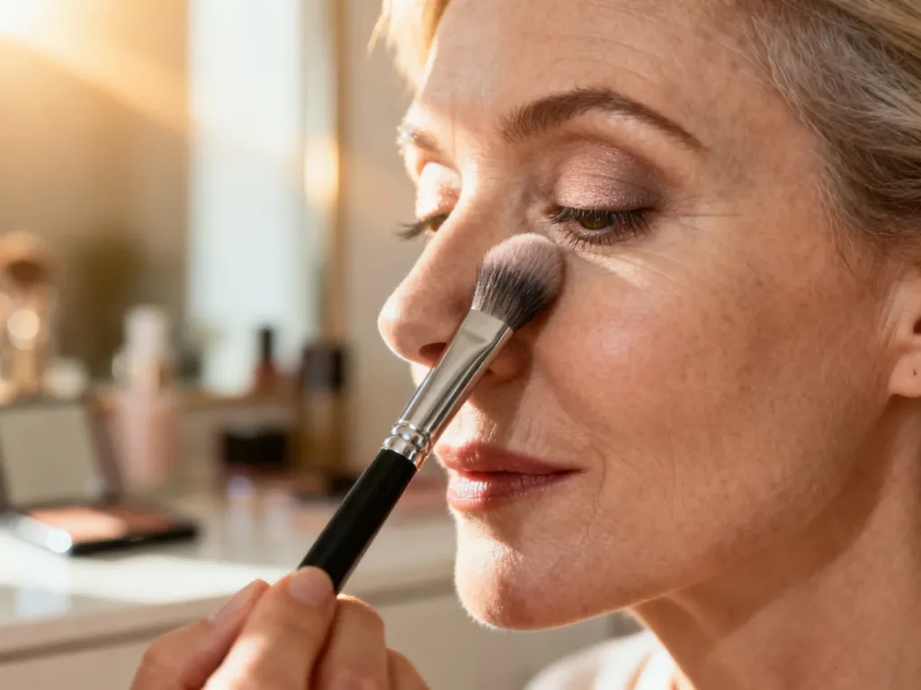 Pędzel nakładający neutralny cień na powiekę dojrzałej kobiety, podkreślający naturalne piękno i elegancję.